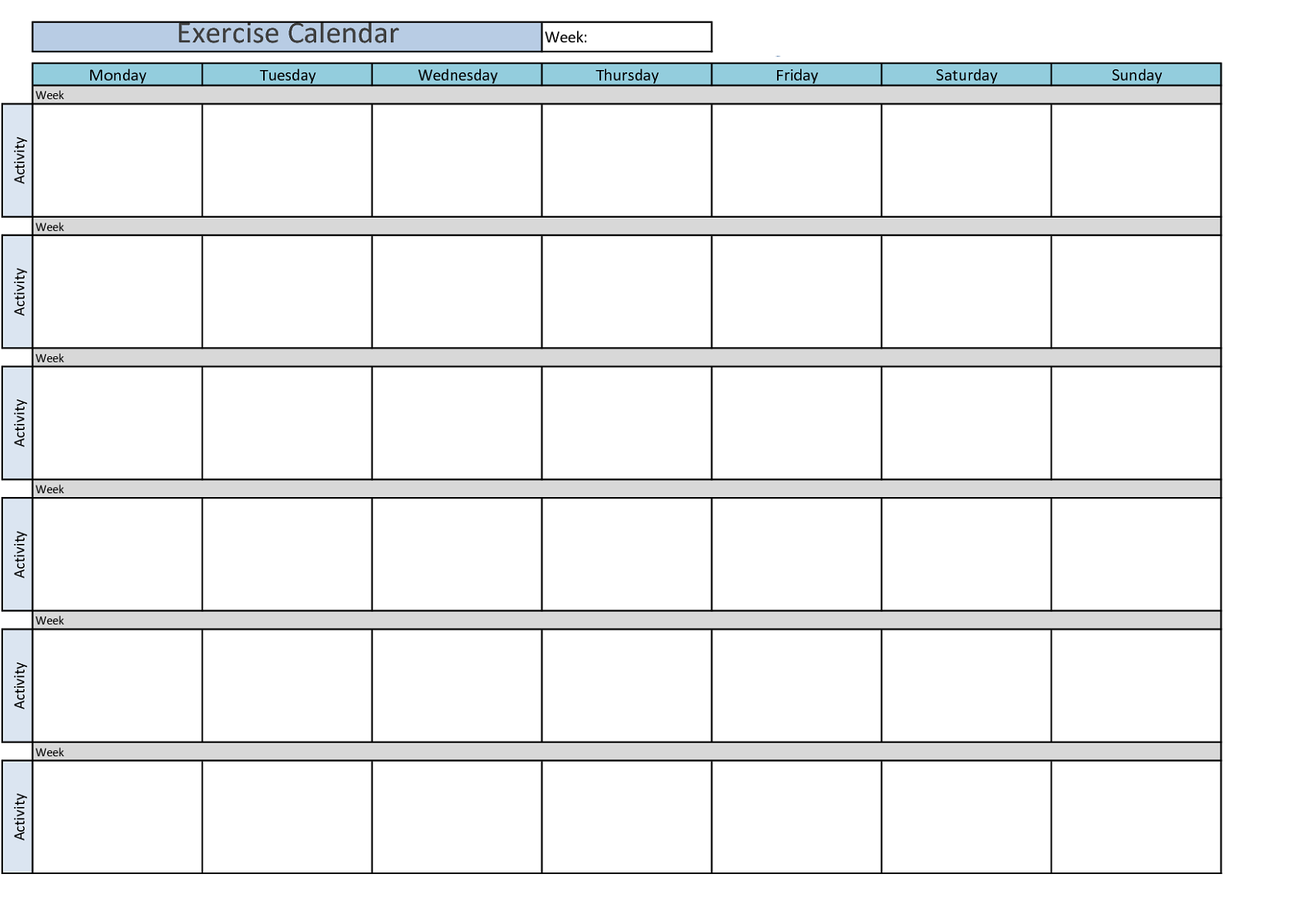 Printable Workout Calendar Activity Shelter