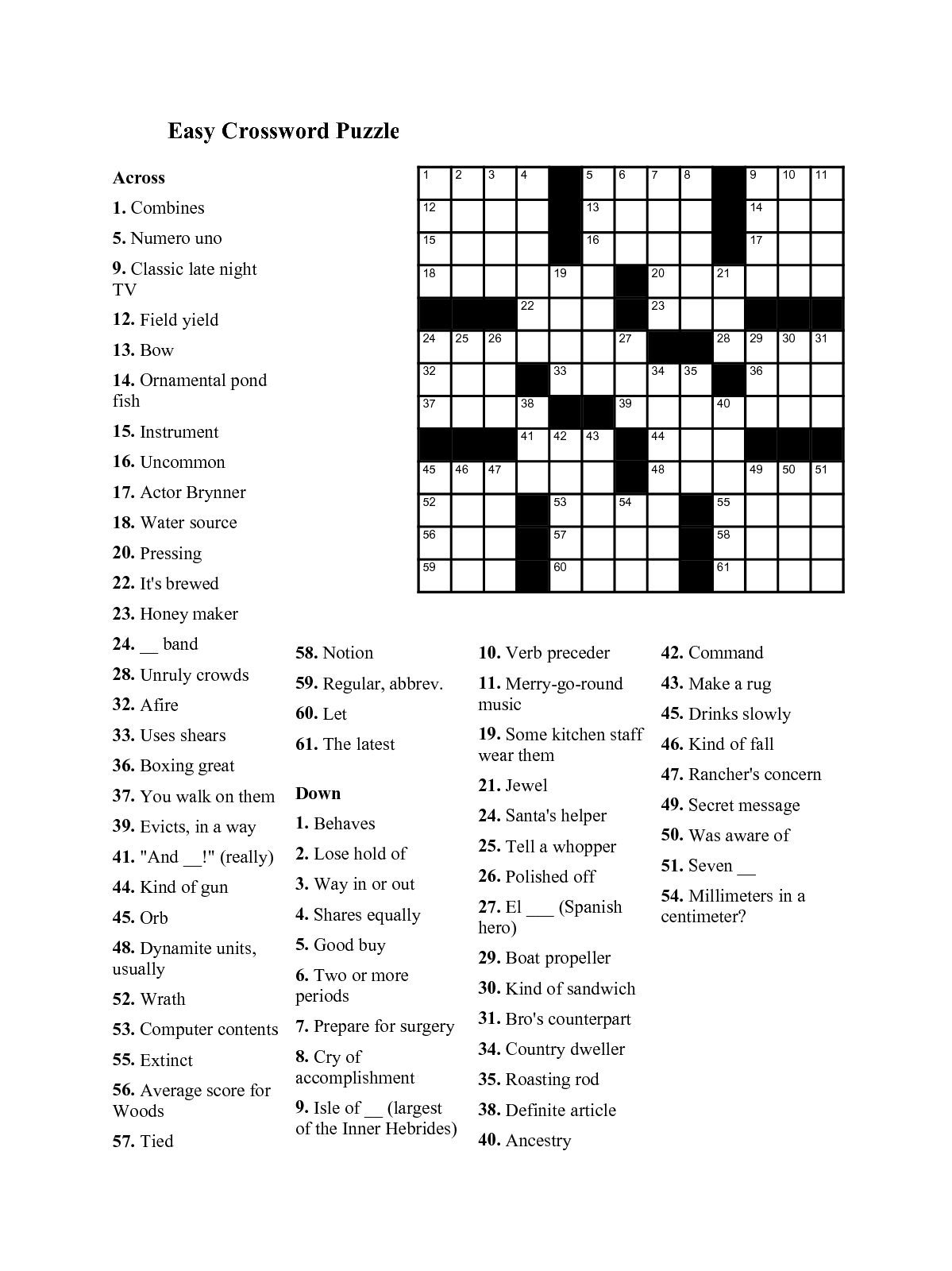 Easy Printable Crossword Puzzles For Seniors : Easy Crossword Puzzle