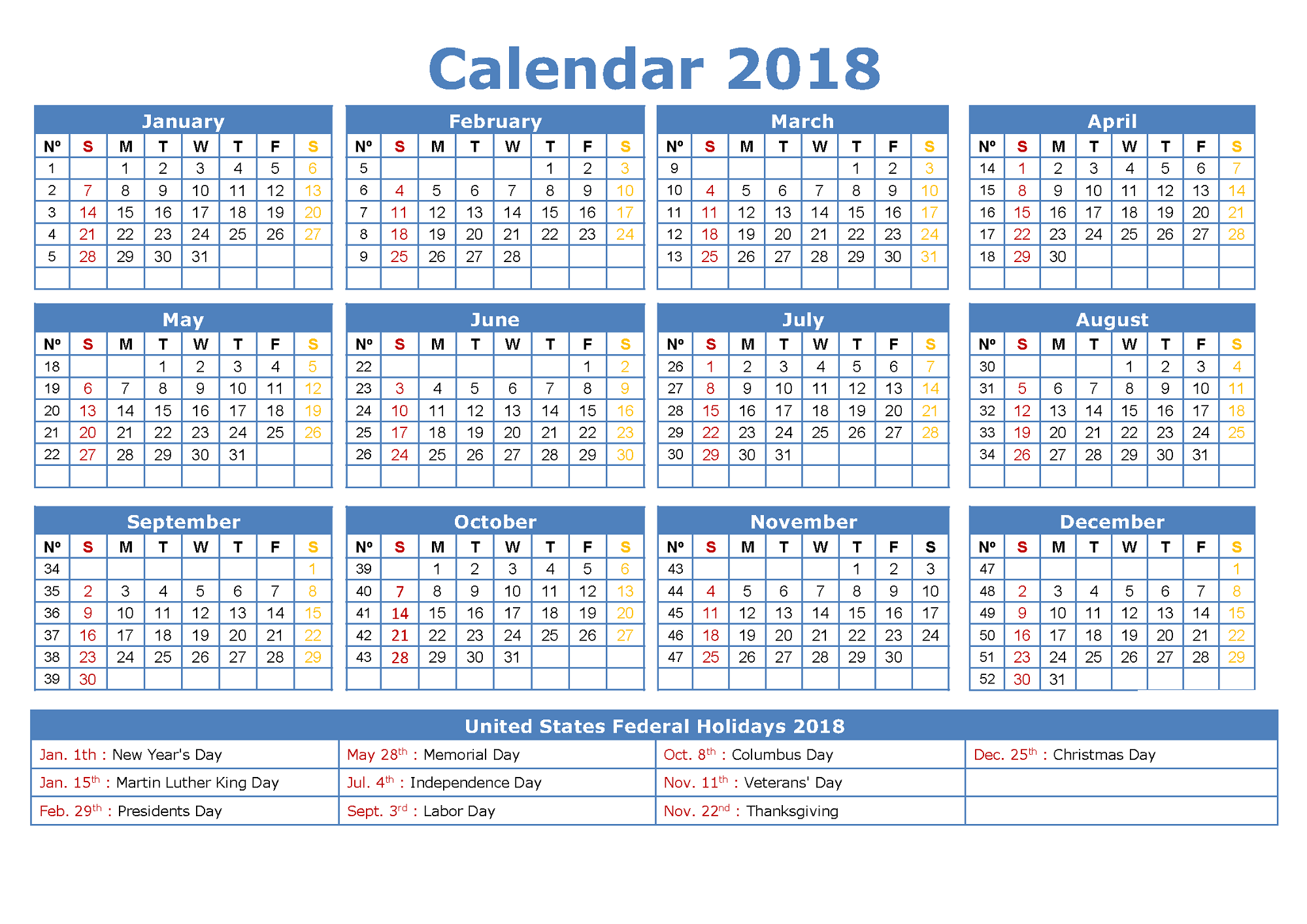 2018 Yearly Calendars with Holidays Activity Shelter