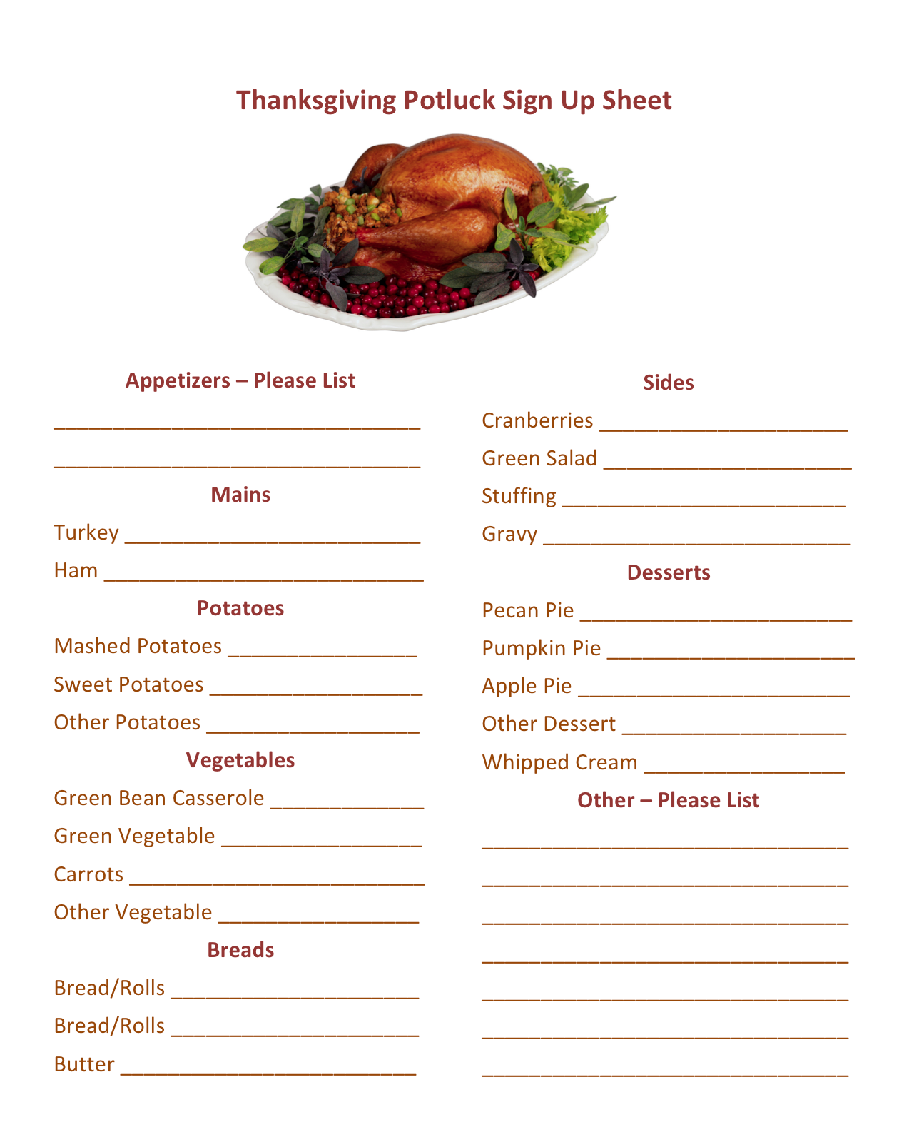 Potluck Sign Up Sheet Templates Activity Shelter