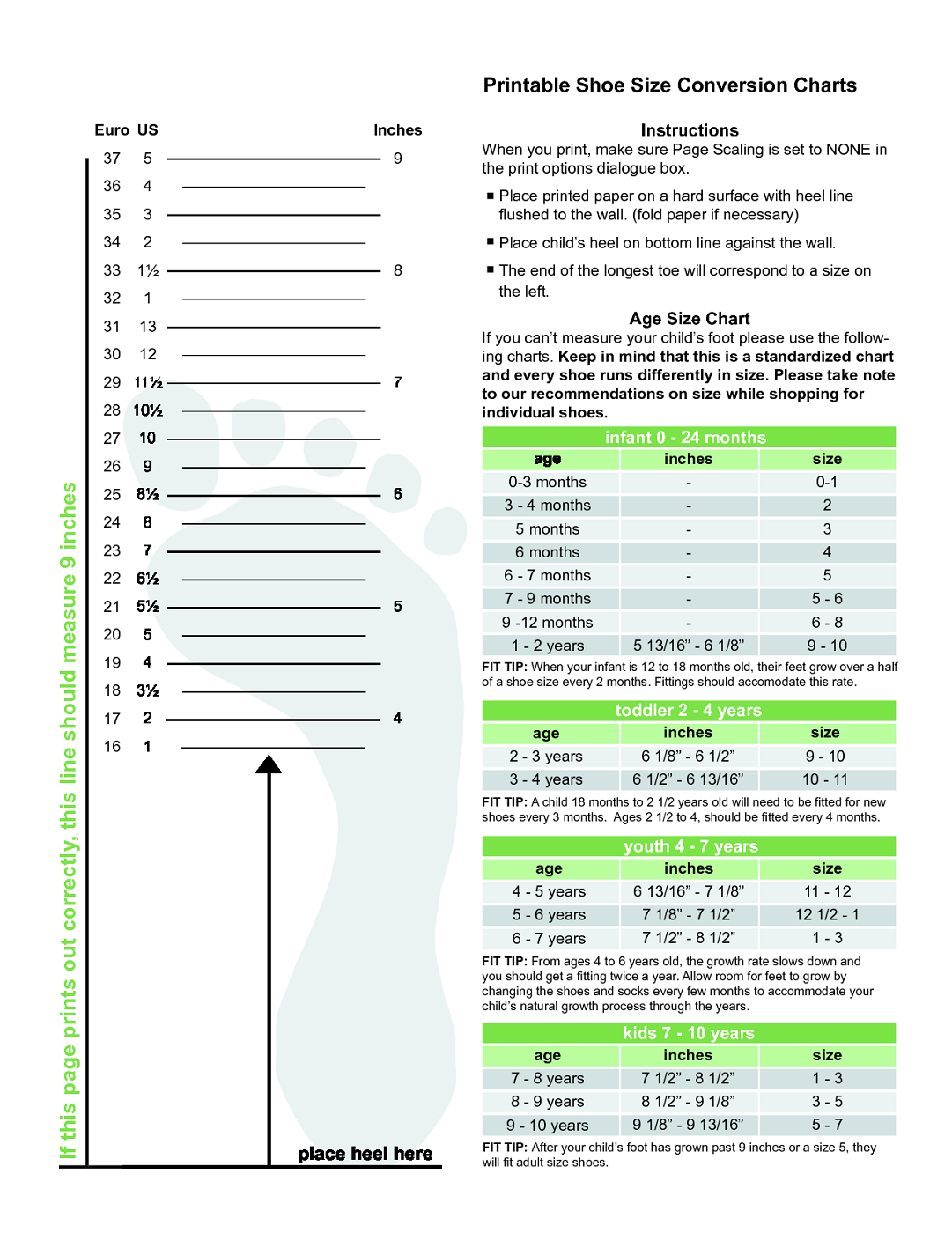 Printable Shoe Size Chart Activity Shelter