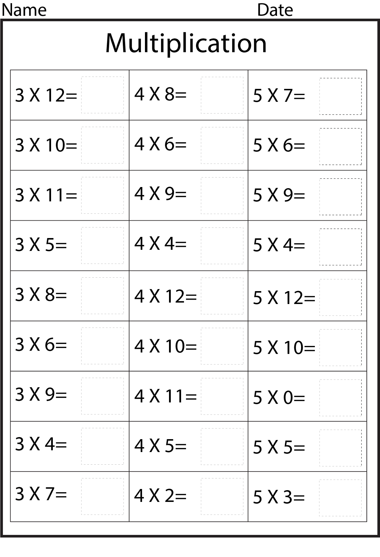 3 times table multiplication worksheets