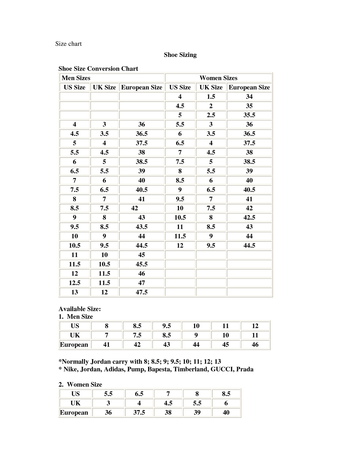 Men Shoe Size Charts Activity Shelter