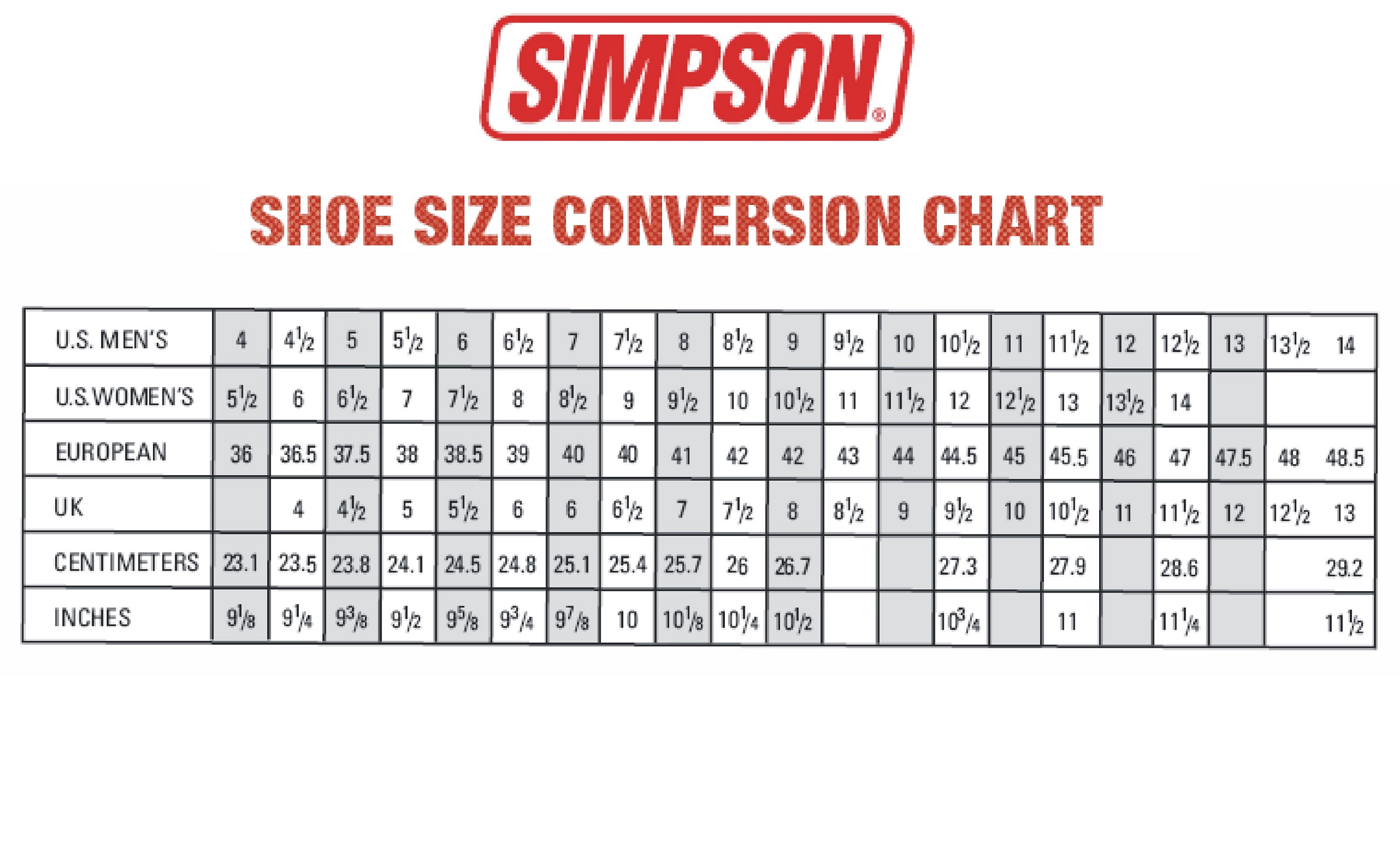 Men Shoe Size Charts Activity Shelter