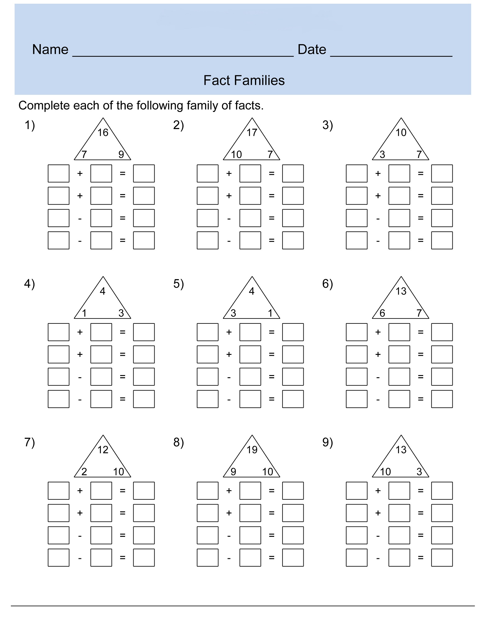 Free Printable Multiplication Fact Family Worksheets