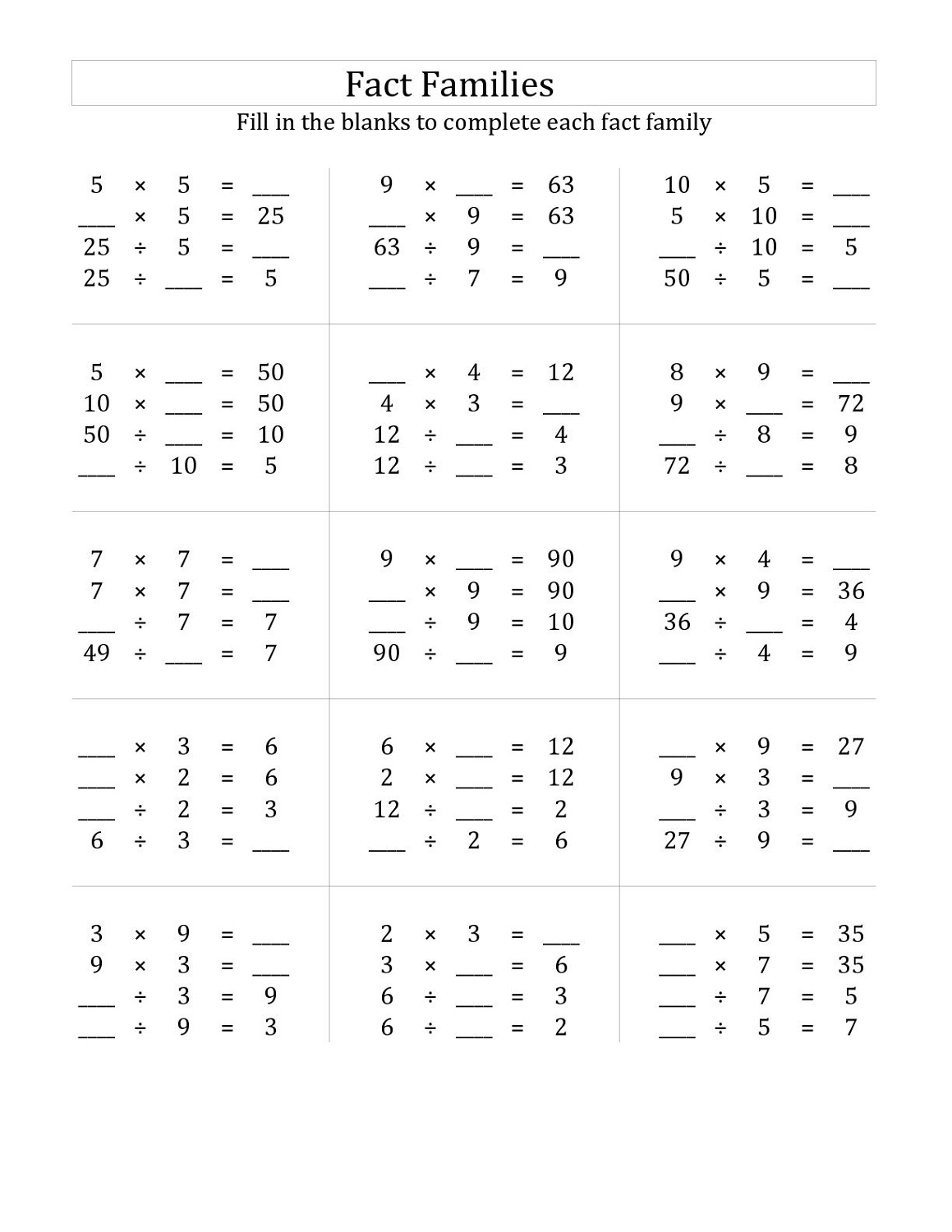 Multiplication Families Of Fact Worksheets