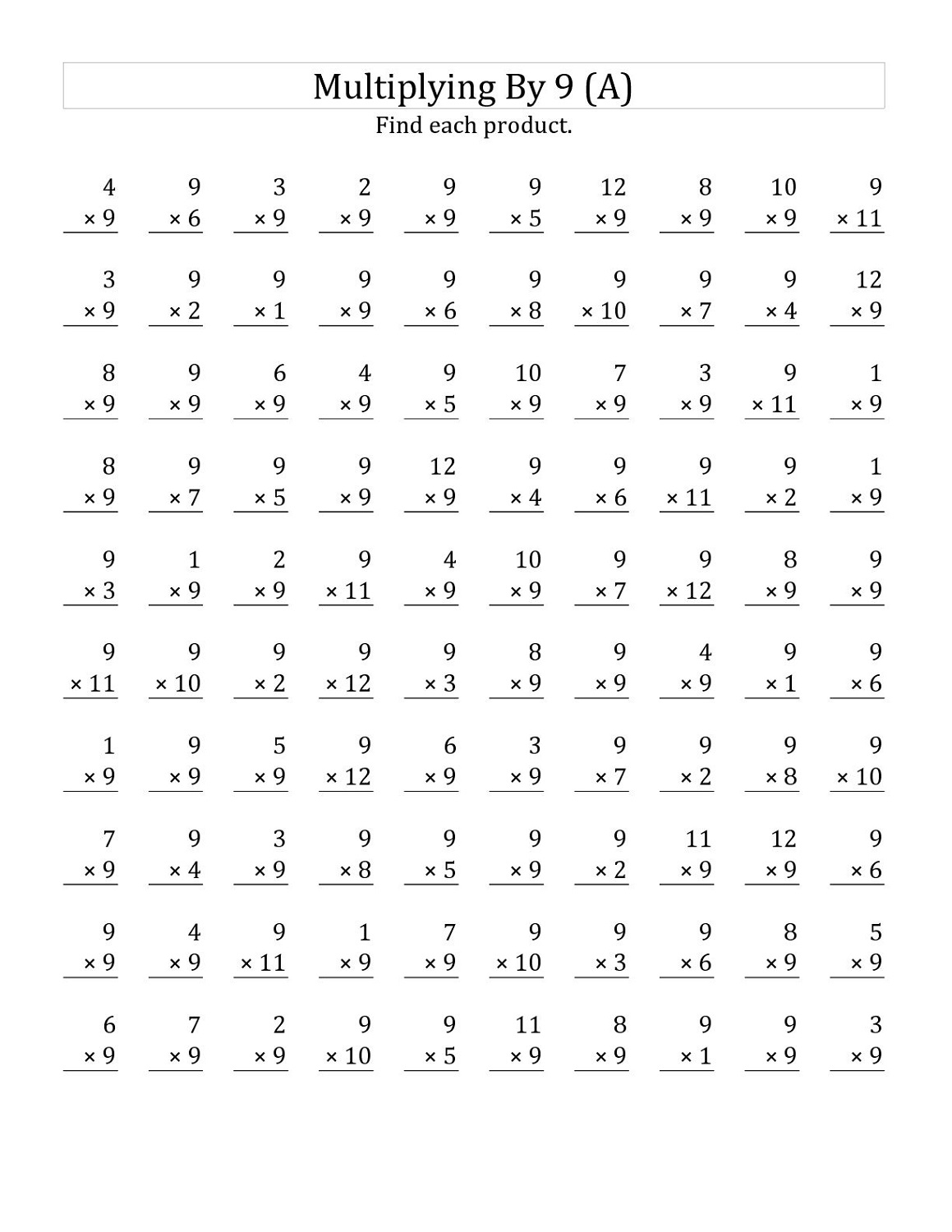 Multiplication By 9 Worksheet