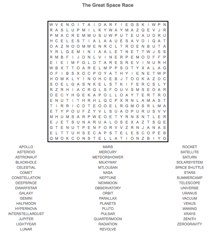 Space Word Search Printable Activity Shelter