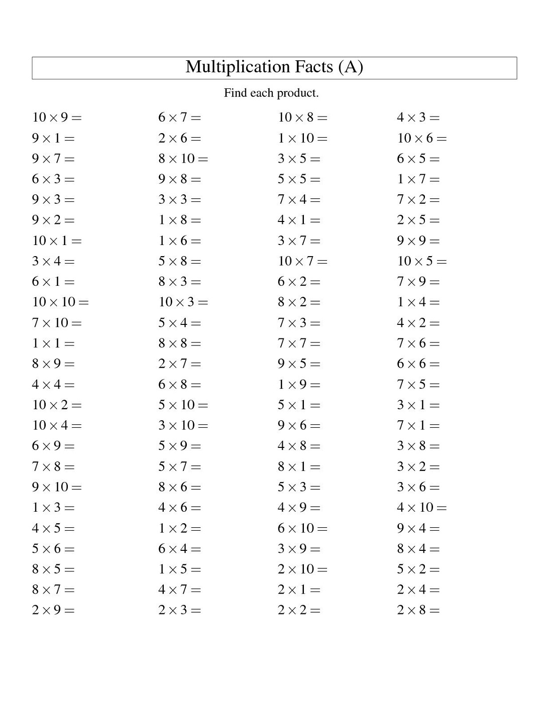 Times Table Practice Sheets Activity Shelter