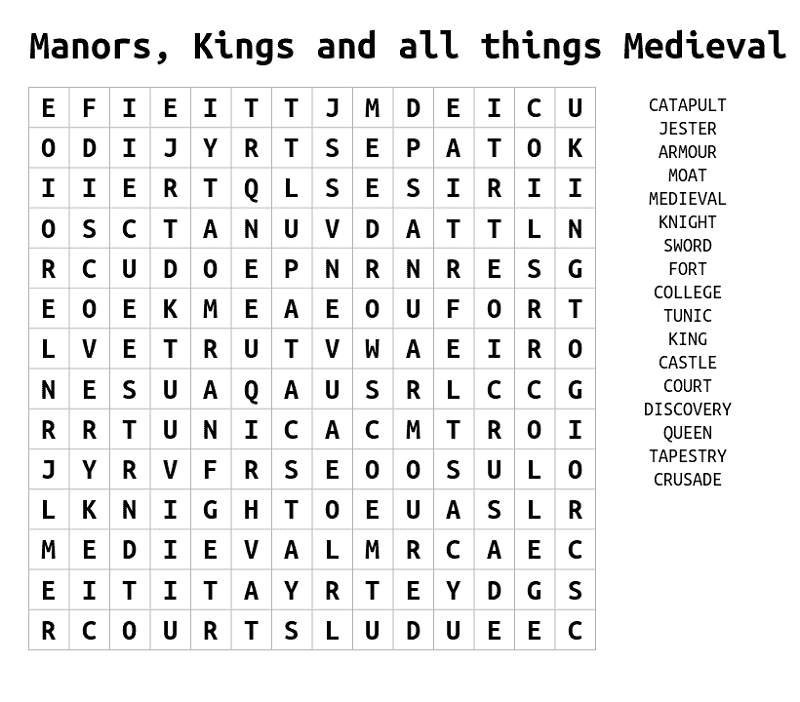 Medieval Word Search Printable