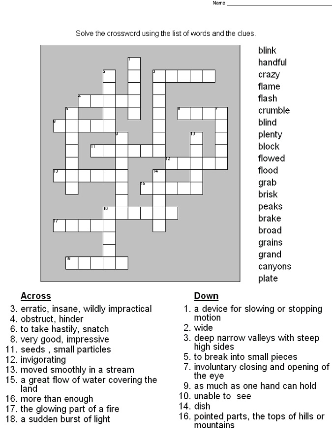 Free Printable Crossword Puzzles For 5th Graders