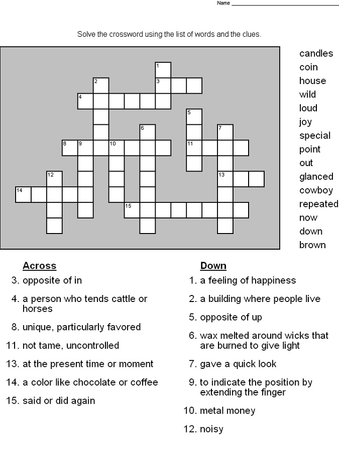 Printable Crossword Puzzles For 5Th Graders