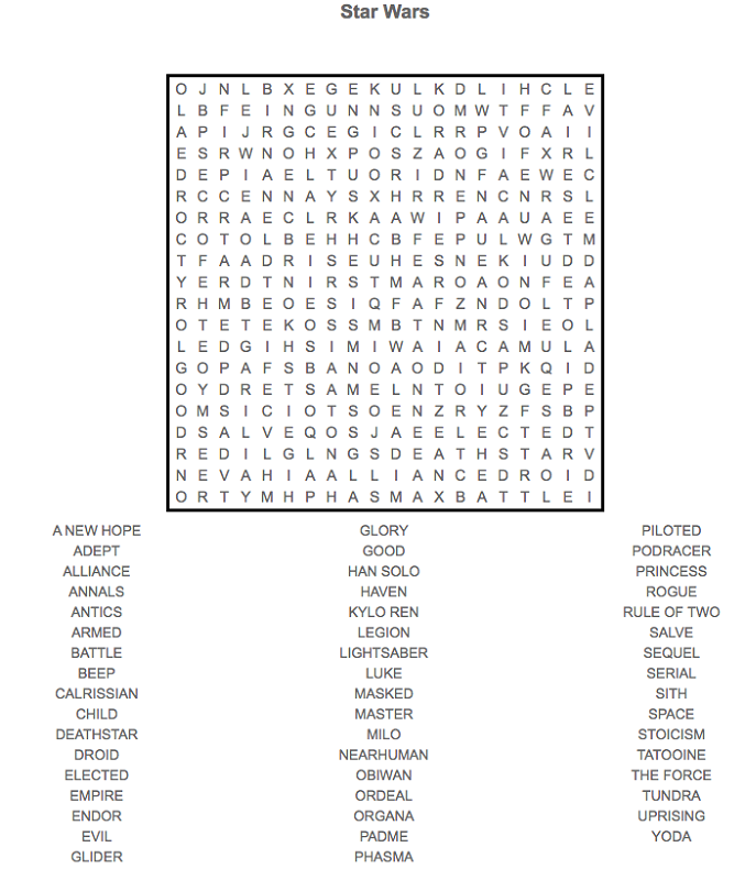 Star Wars Word Search Puzzle 2017 Activity Shelter