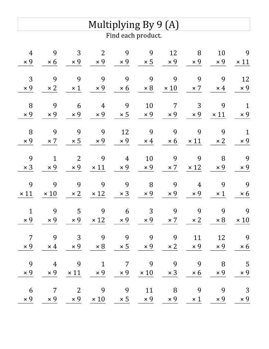 Multiplication 9 Times Table Worksheet