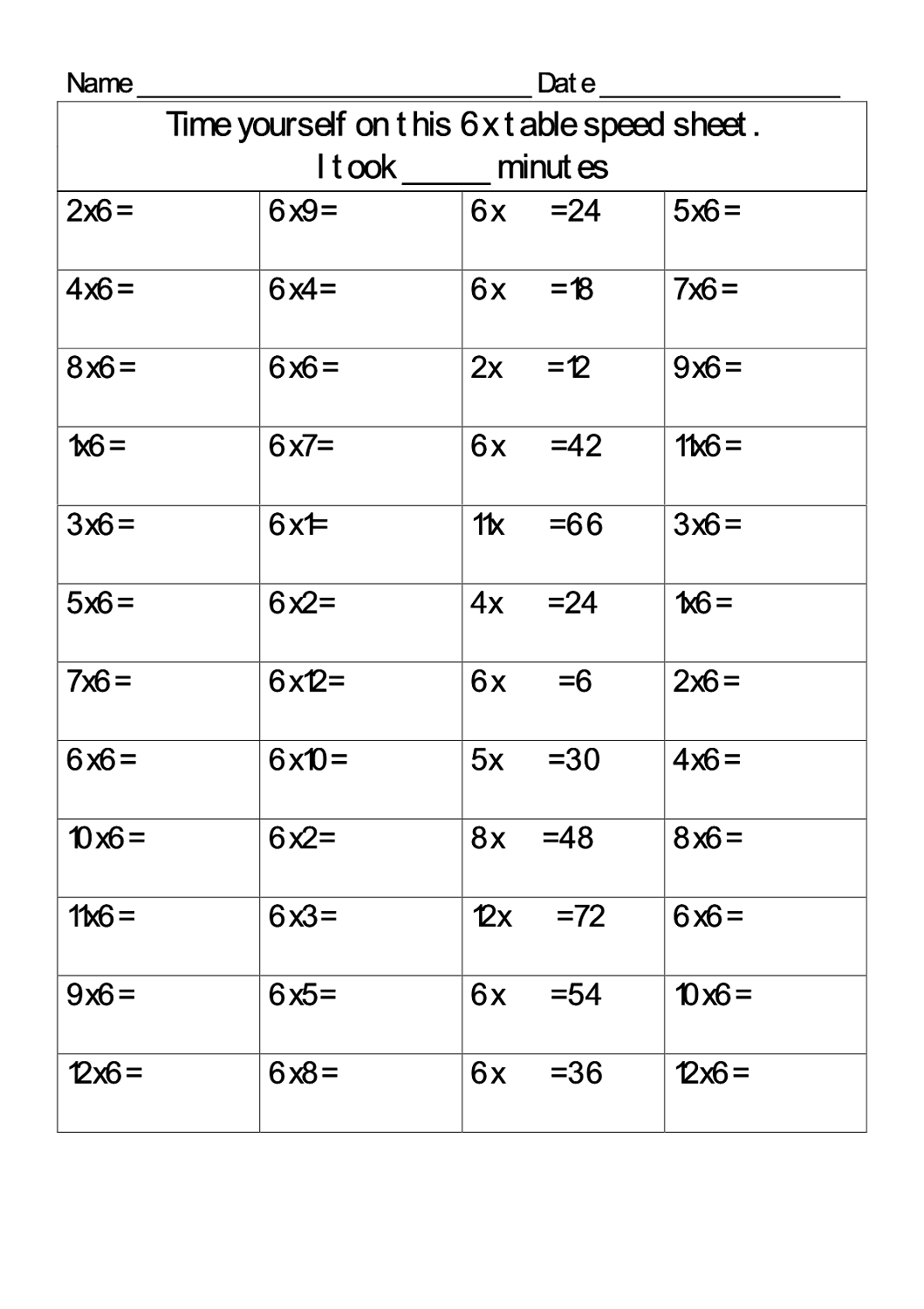 Times Table Games Eleanor Palmer Primary School Printable 6 Times Table Worksheets