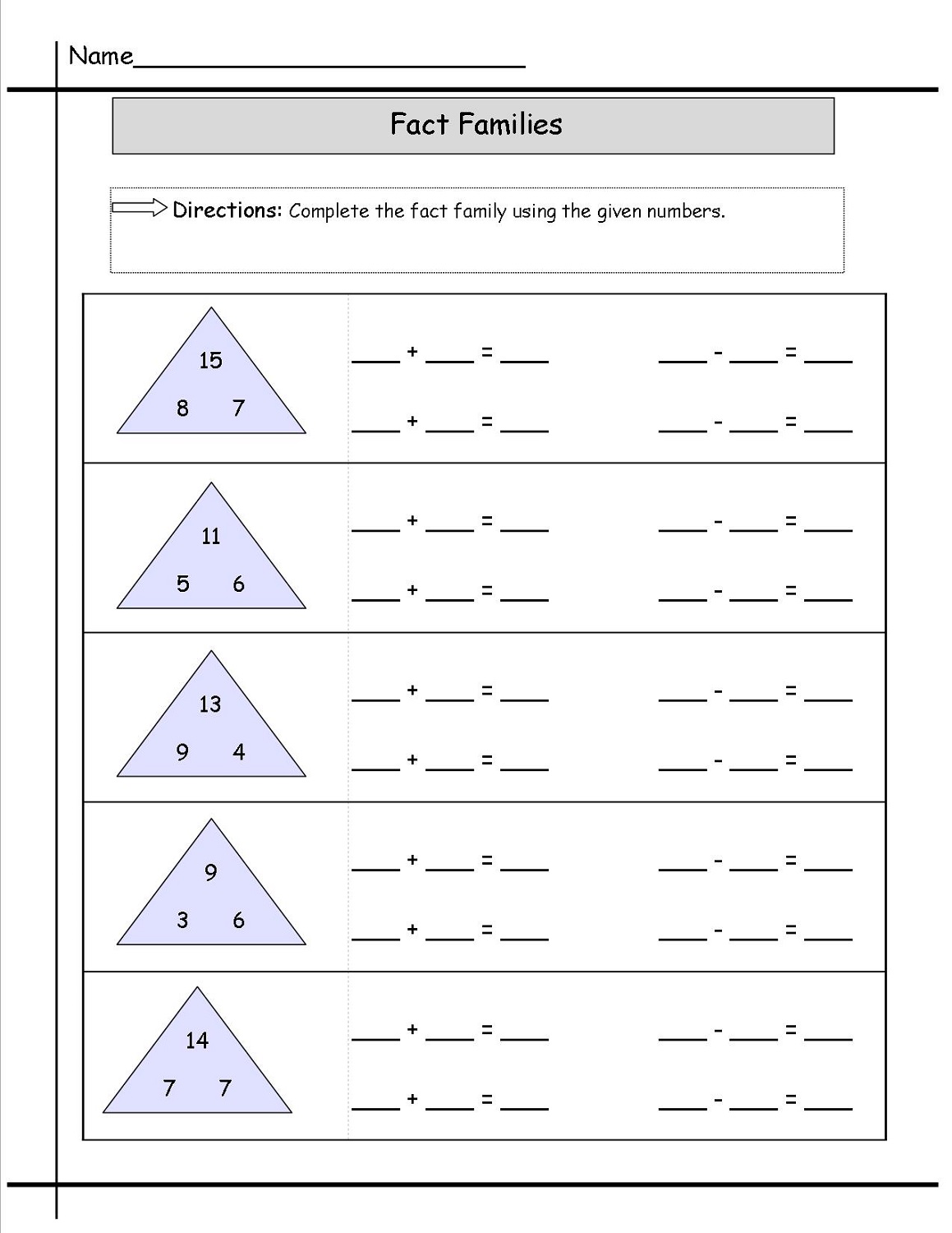 Fact Family Worksheets Printable Activity Shelter