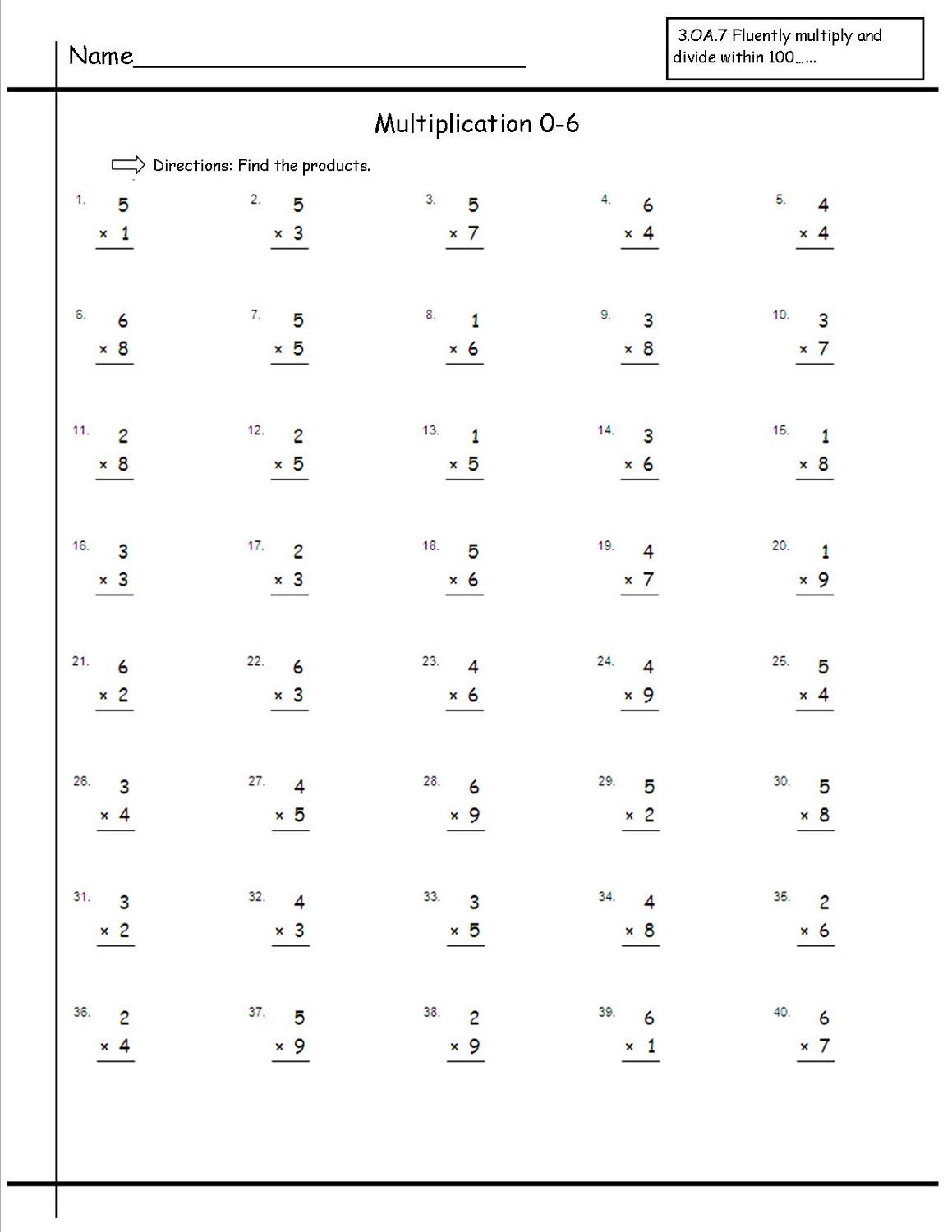 multiplication table exercises printable