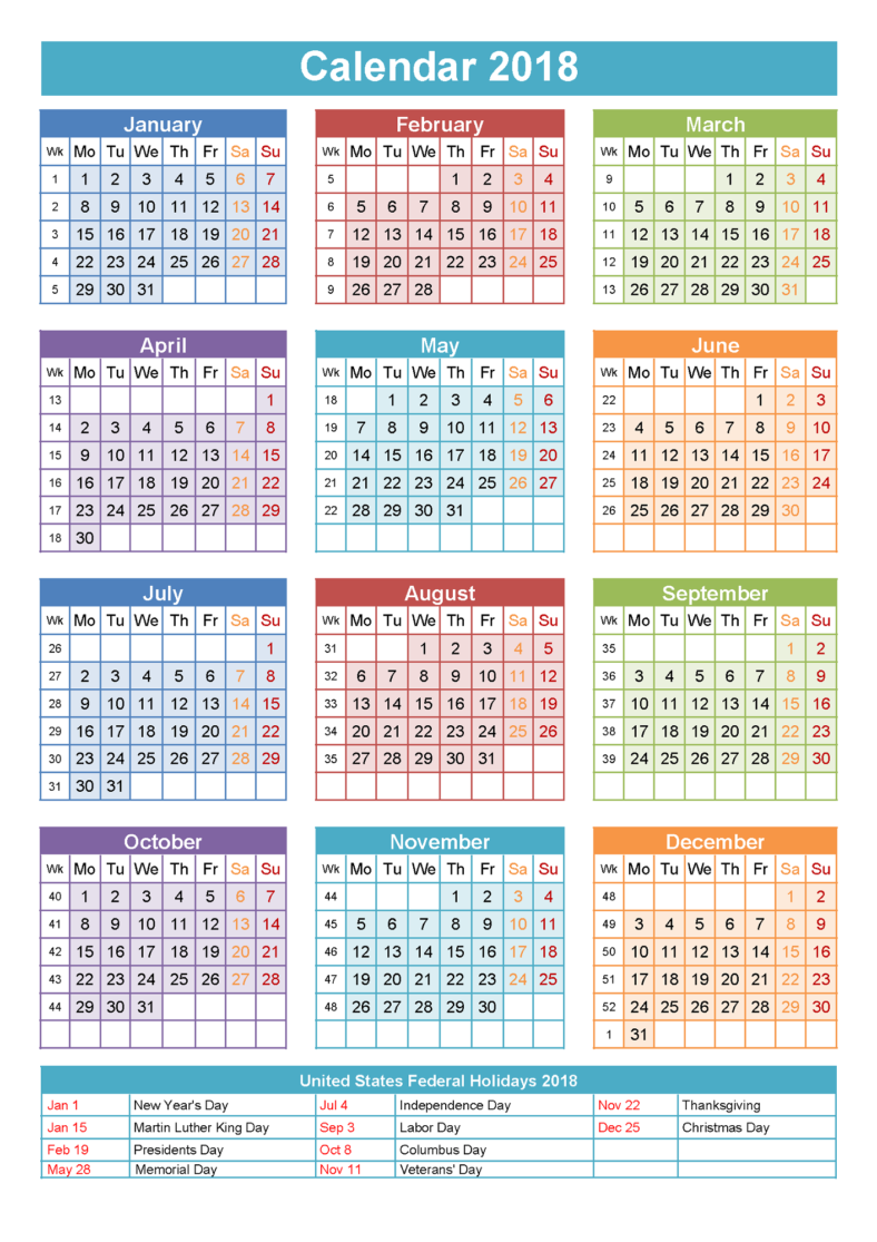2018 Yearly Calendars with Holidays | Activity Shelter