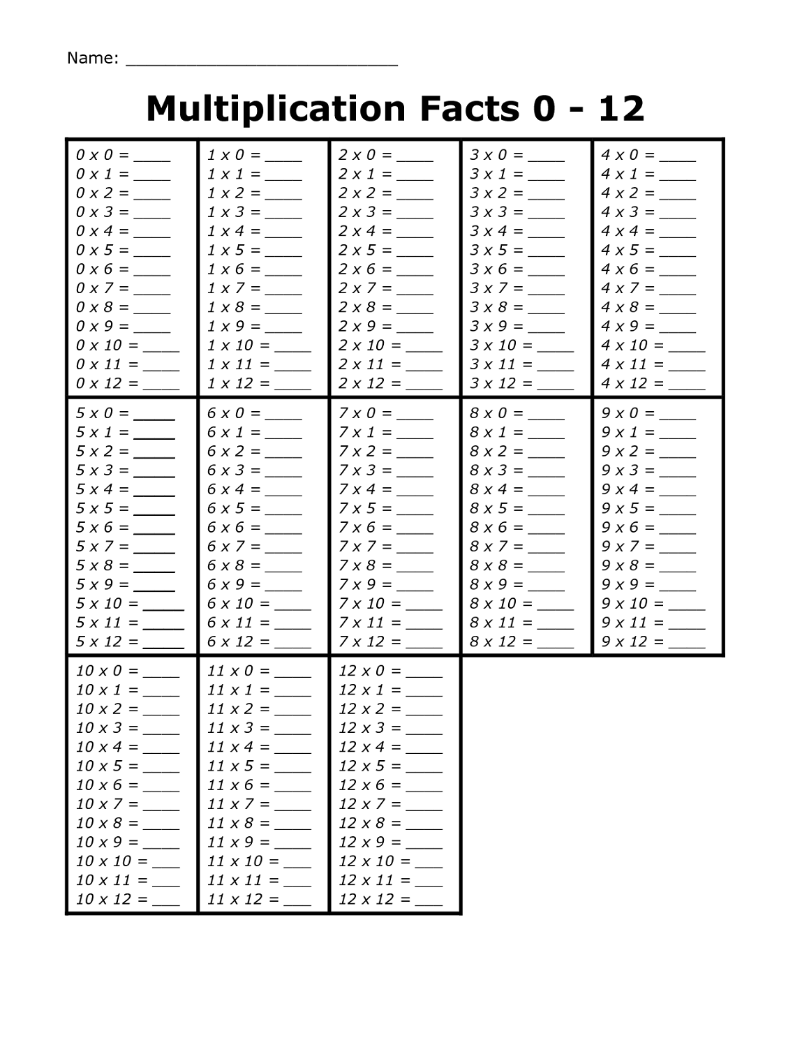 printable times table chart blank