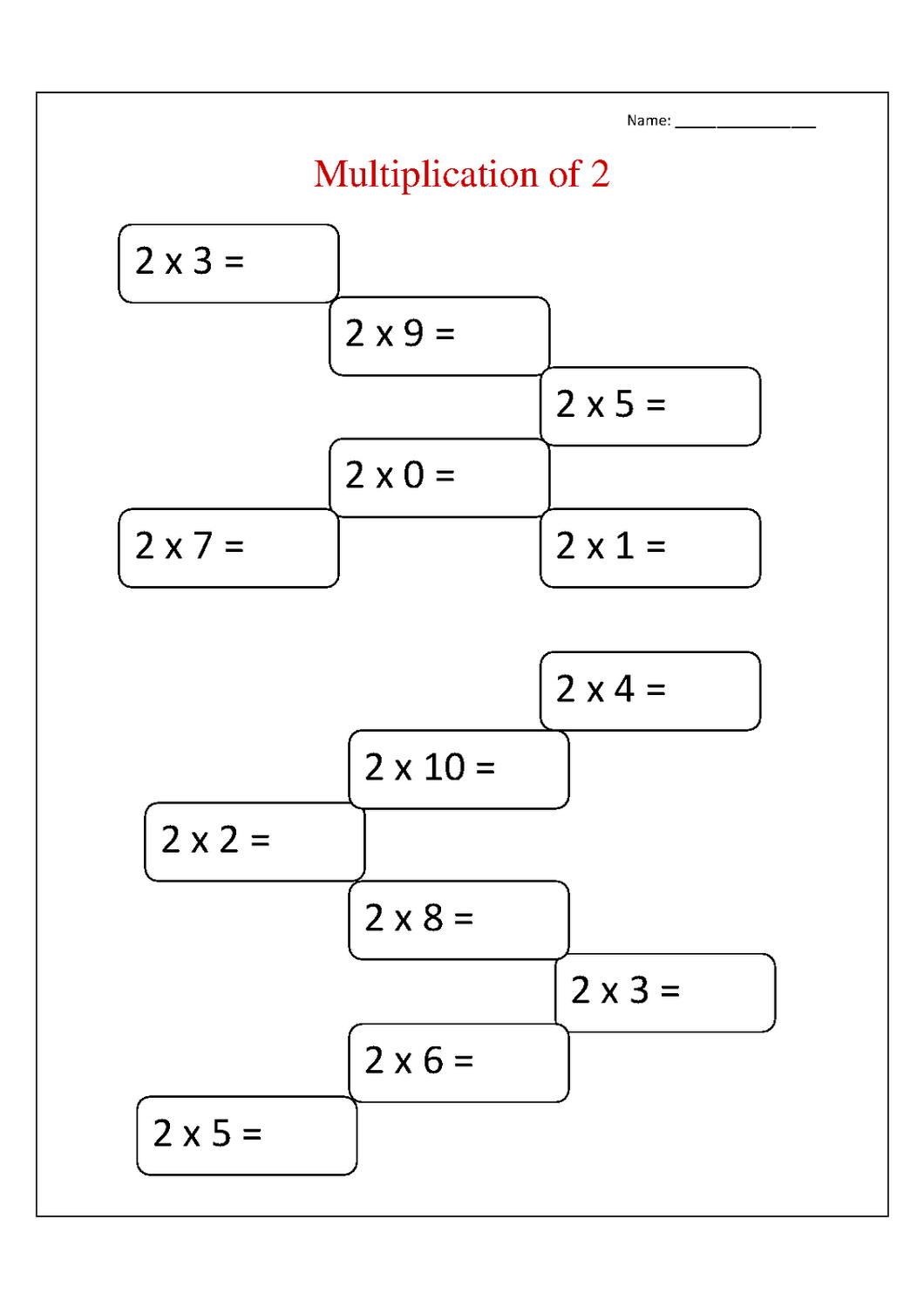 multiplication 2 time tables worksheet