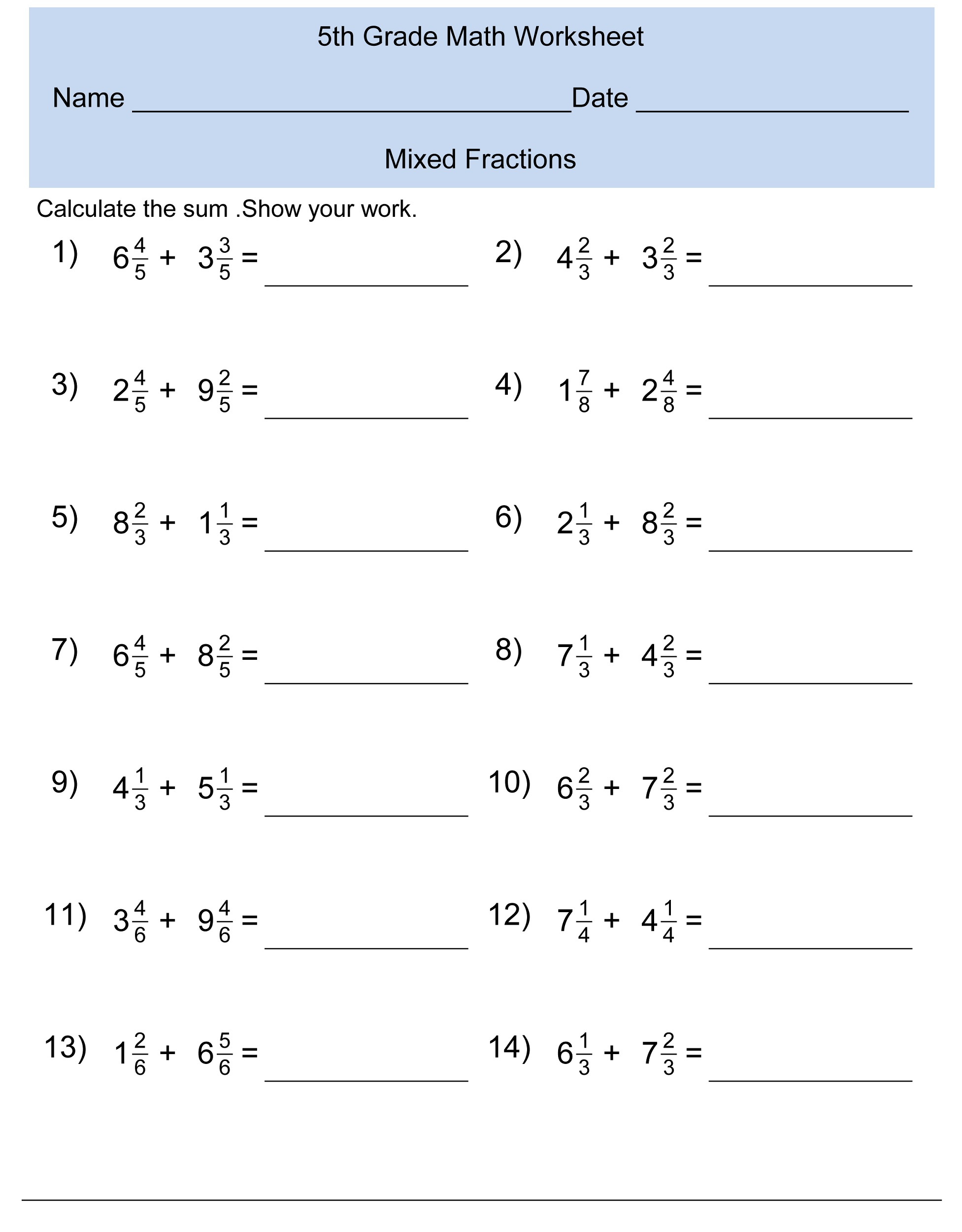Free Printable Math Worksheets For 5th Grade