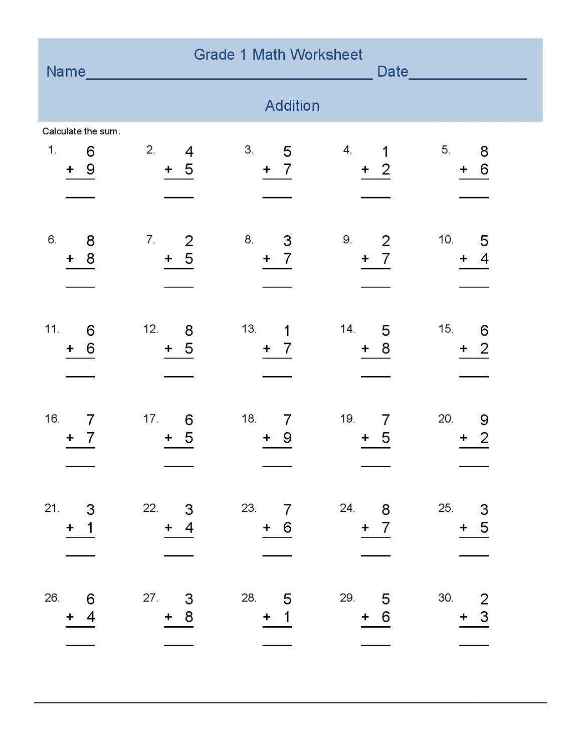 free printable 1st grade math worksheets addition in pdf - math review ...
