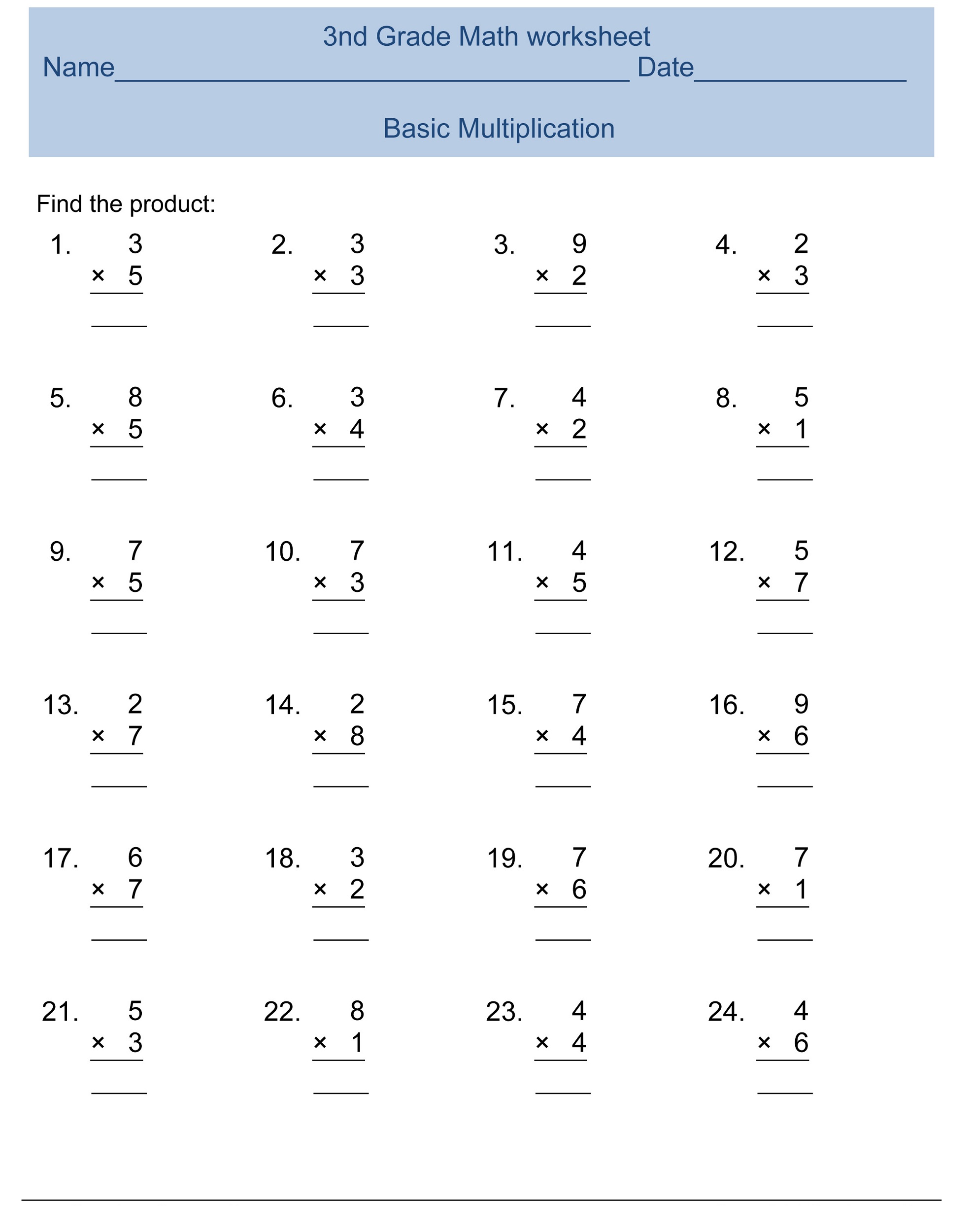 Math Worksheet For Third Grade Free Printable