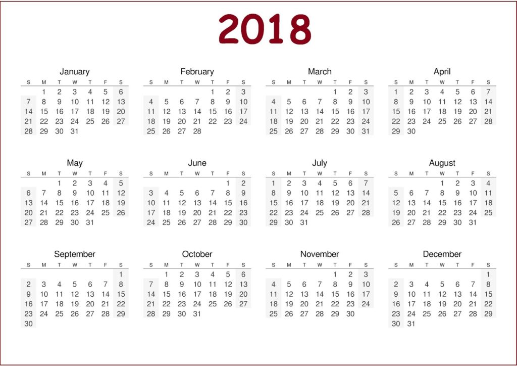 Yearly 2018 Calendars | Activity Shelter