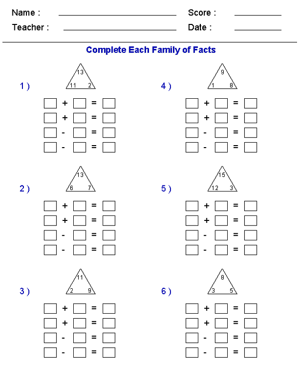 Family Of Facts Worksheets For Math Reinforcement Activity Shelter